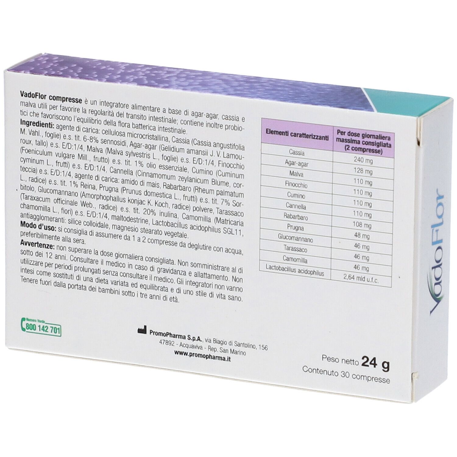 Scatola con logo VadoFlor, sfondo viola e testo: Integratore alimentare con Lactobacillus acidophilus, senza glutine. 30 compresse.