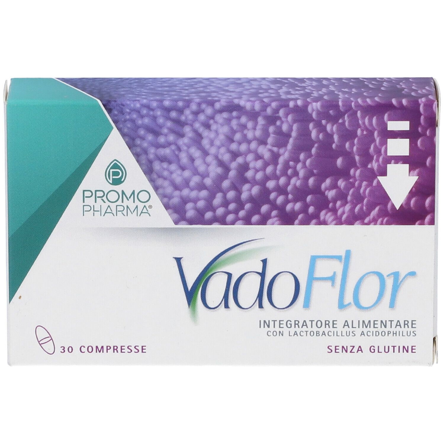 Scatola con logo VadoFlor, sfondo viola e testo: Integratore alimentare con Lactobacillus acidophilus, senza glutine. 30 compresse.