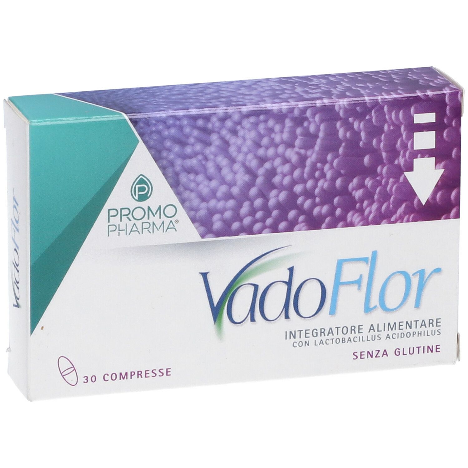 Scatola con logo VadoFlor, sfondo viola e testo: Integratore alimentare con Lactobacillus acidophilus, senza glutine. 30 compresse.