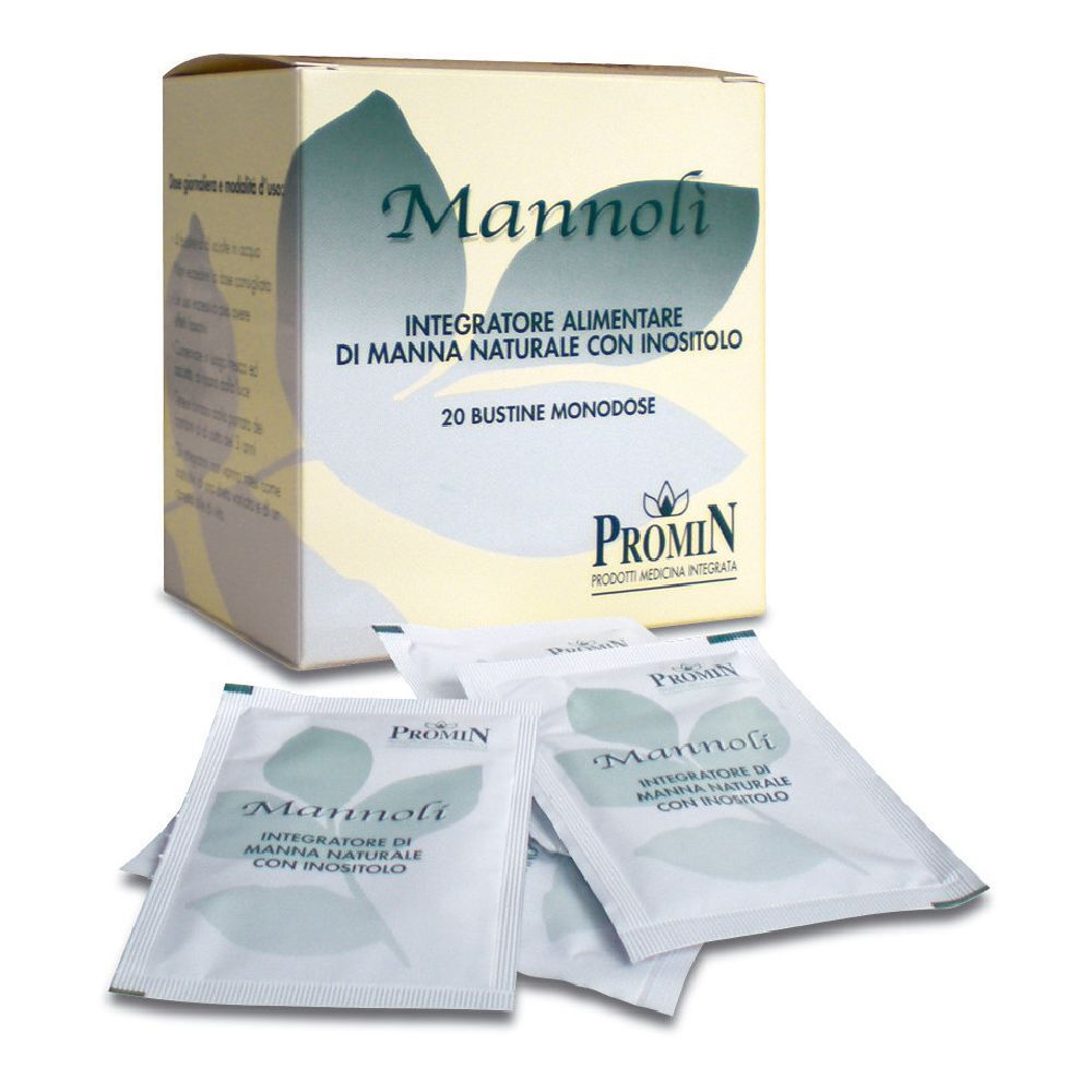 Scatola con 20 bustine. Scritto: Mannoli, integratore alimentare con manna e inositolo. Bustine singole accanto.