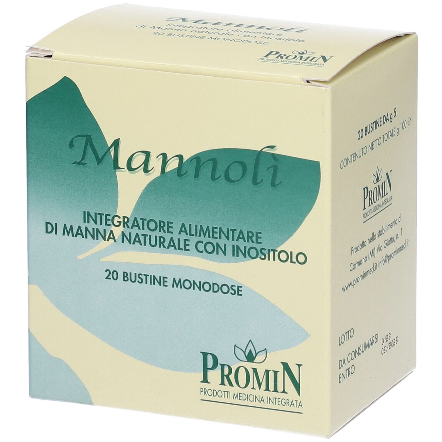 Scatola beige con scritto: Mannoli, integratore alimentare con manna e inositolo, 20 bustine monodose. Logo Promin.