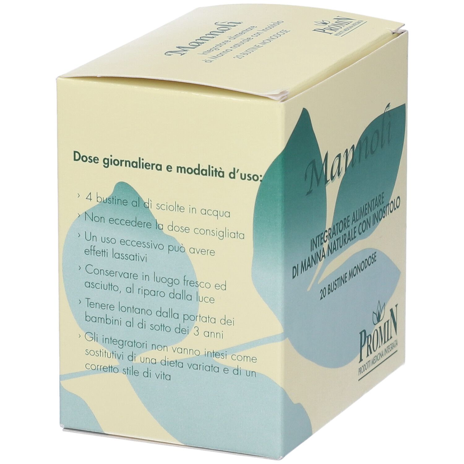 Scatola con scritto: Mannoli, integratore alimentare con manna e inositolo, 20 bustine monodose. Retro con istruzioni.
