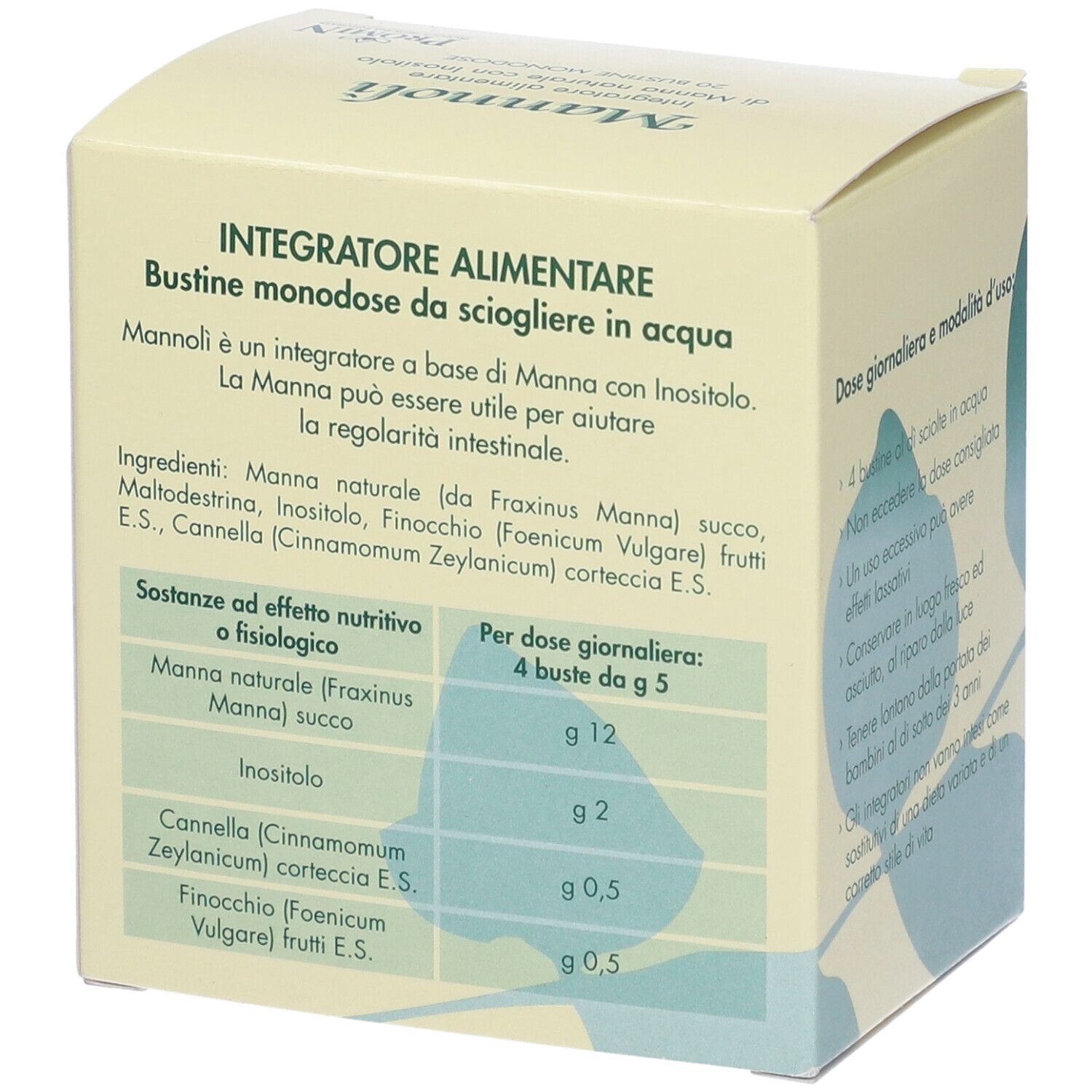 Scatola con scritto: Mannoli, integratore alimentare con manna e inositolo, 20 bustine monodose. Retro con ingredienti.