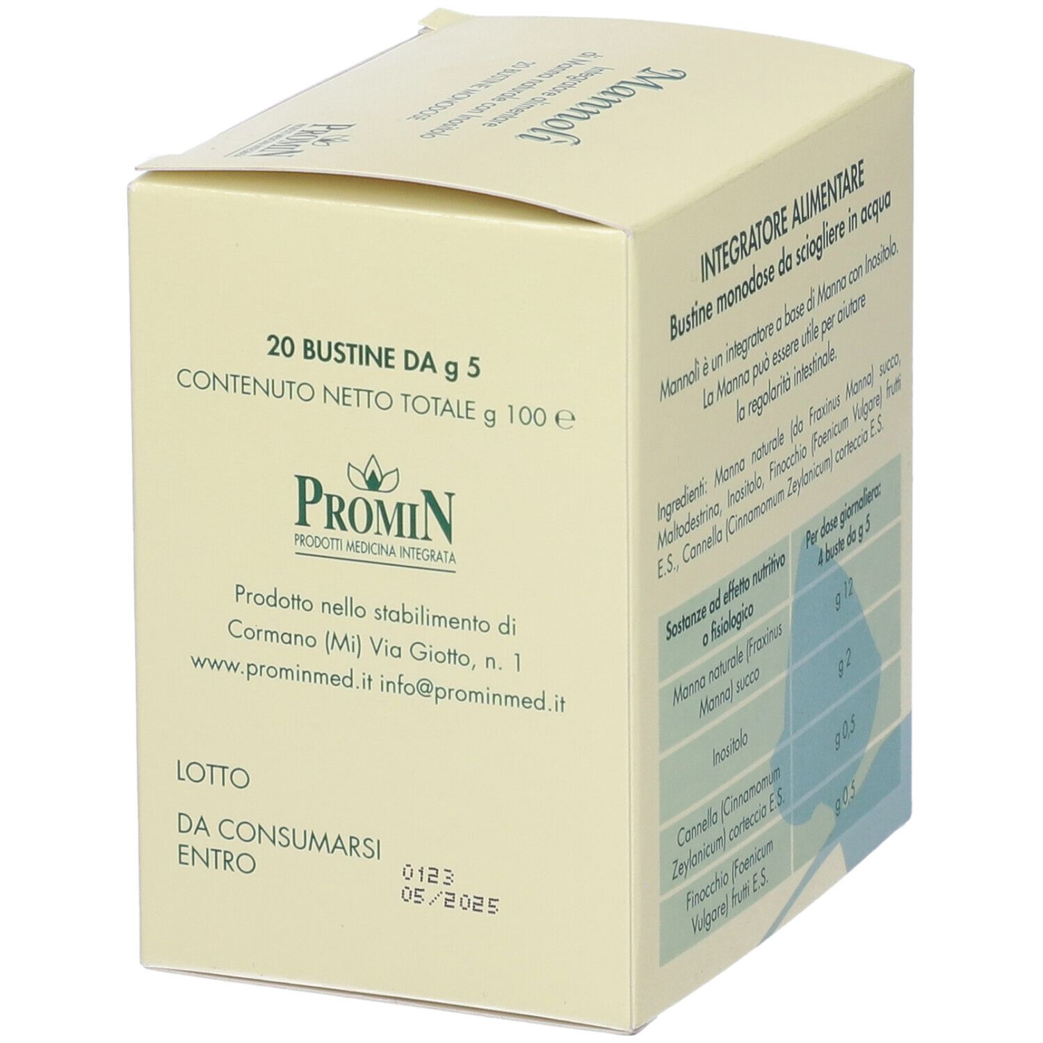 Scatola con scritto: Mannoli, integratore alimentare con manna e inositolo, 20 bustine monodose. Retro con informazioni.
