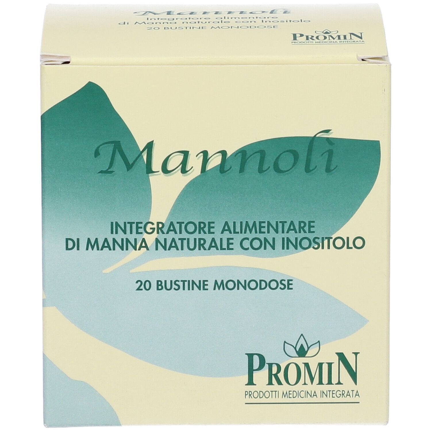 Scatola con scritto: Mannoli, integratore alimentare con manna e inositolo, 20 bustine monodose. Logo Promin.