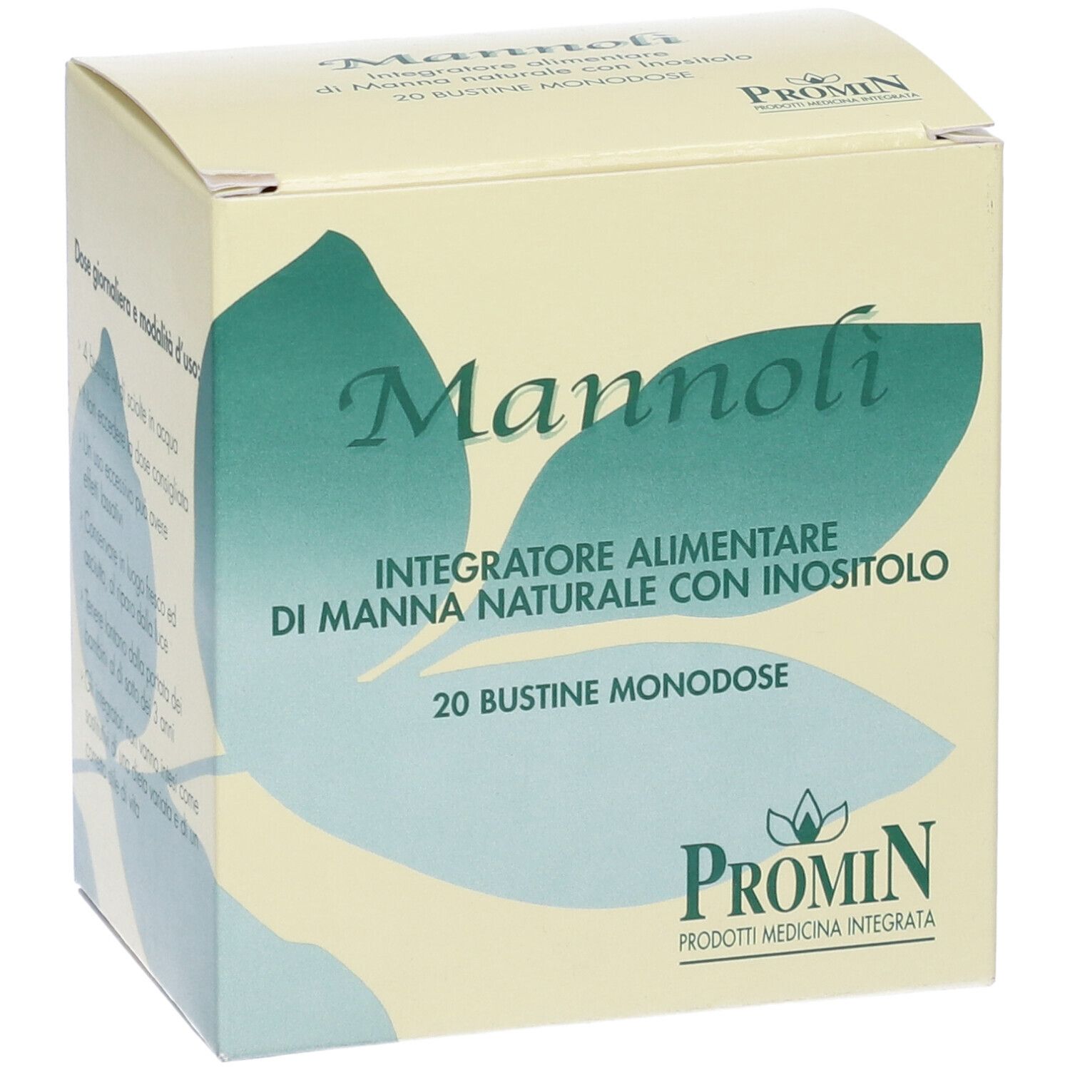 Scatola con scritto: Mannoli, integratore alimentare con manna e inositolo, 20 bustine monodose. Logo Promin.