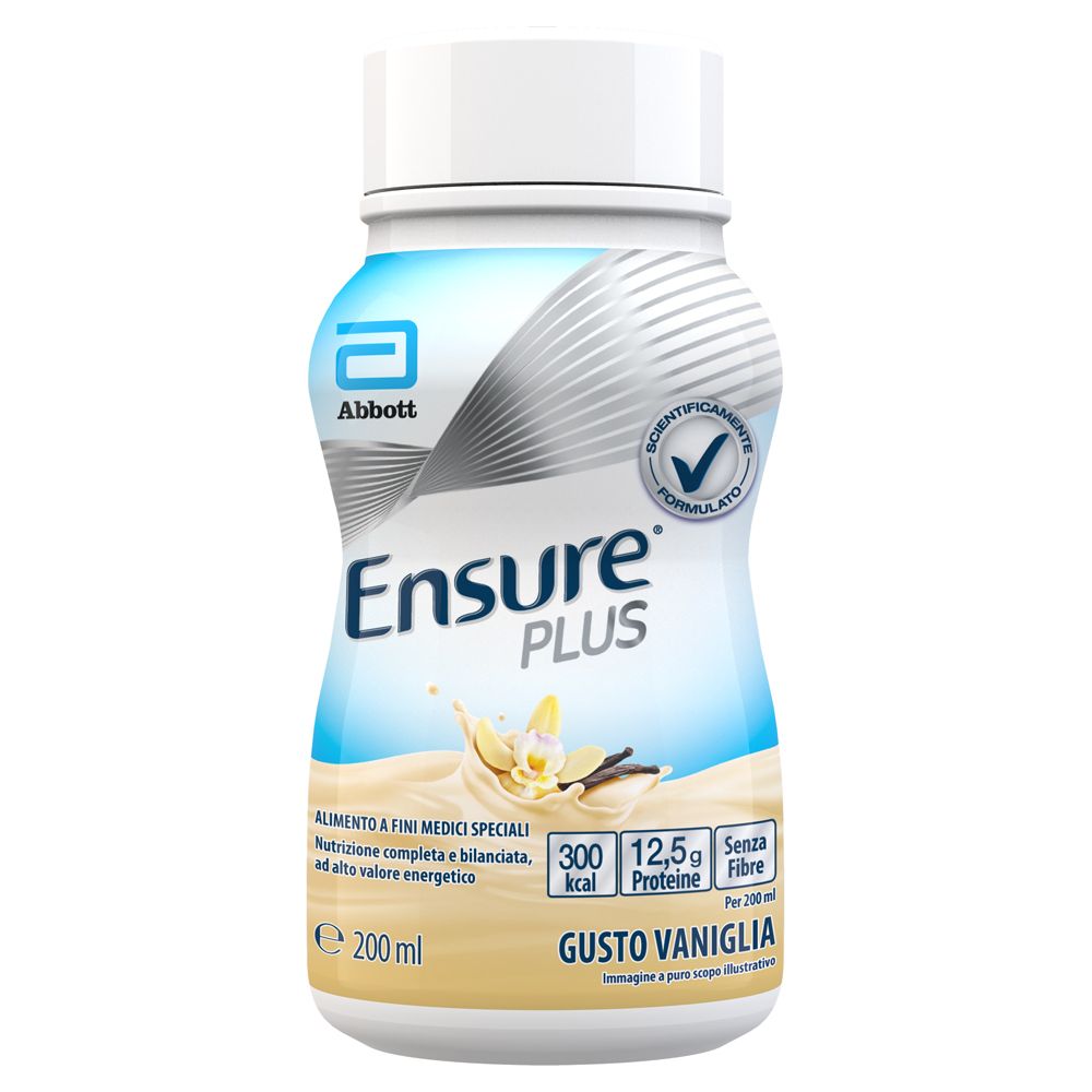 Bottiglia Ensure PLUS Vaniglia. Design bianco e blu. 200 ml. Contiene 300 kcal, 12,5 g proteine, senza fibre. Logo Abbott.