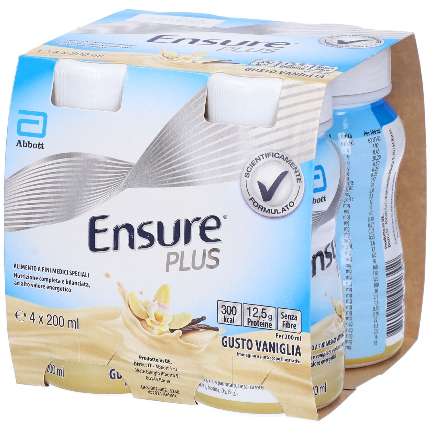 Confezione da 4 bottiglie Ensure PLUS Vaniglia. Imballaggio in cartone. 200 ml per bottiglia. Logo Abbott. Gusto vaniglia.