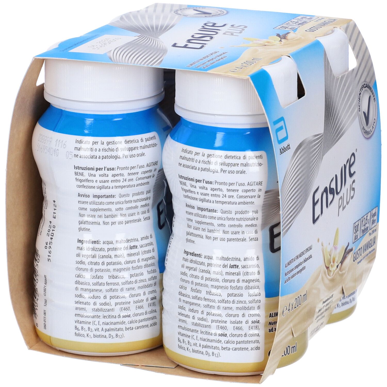 Confezione da 4 bottiglie Ensure PLUS Vaniglia. Imballaggio in cartone. 200 ml per bottiglia. Logo Abbott. Gusto vaniglia.