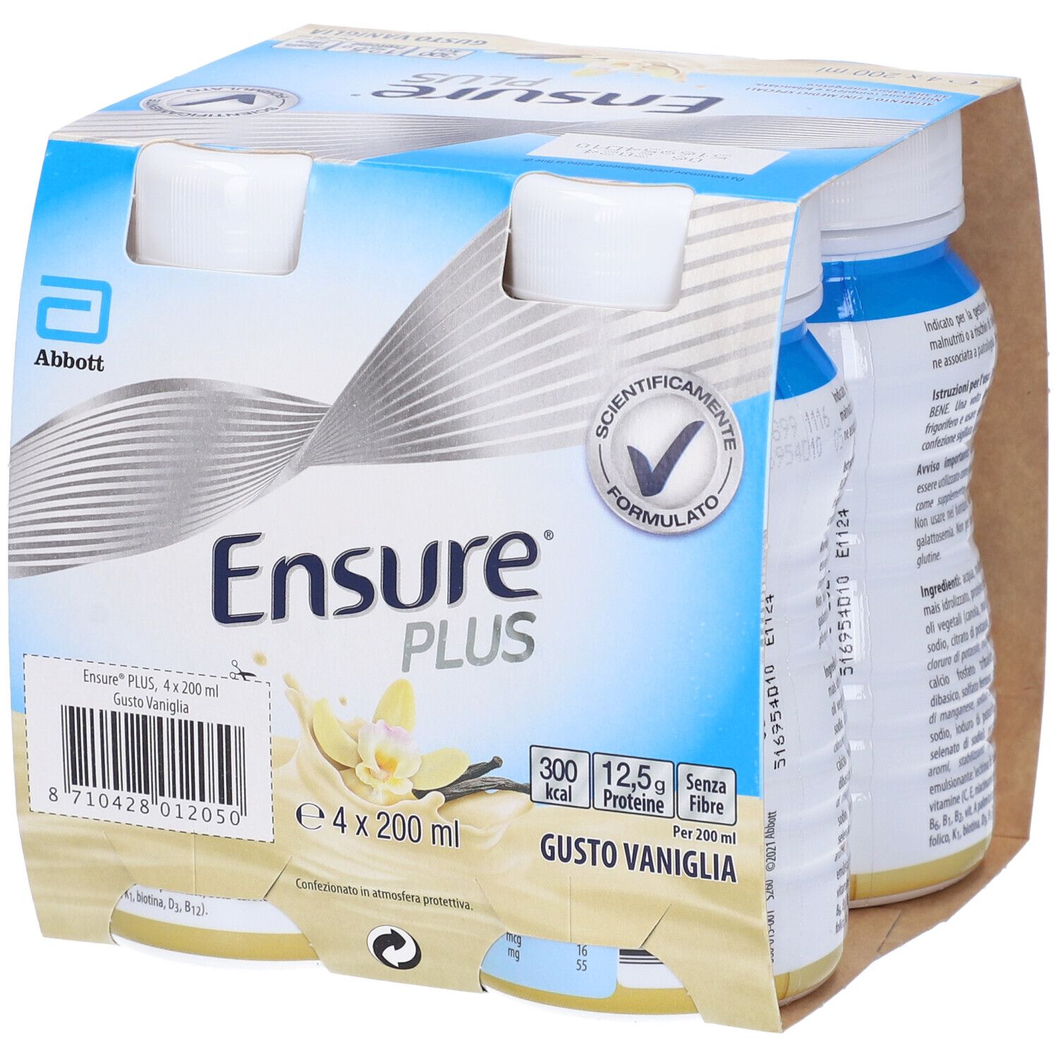 Confezione da 4 bottiglie Ensure PLUS Vaniglia. Imballaggio in cartone. 200 ml per bottiglia. Logo Abbott. Gusto vaniglia.