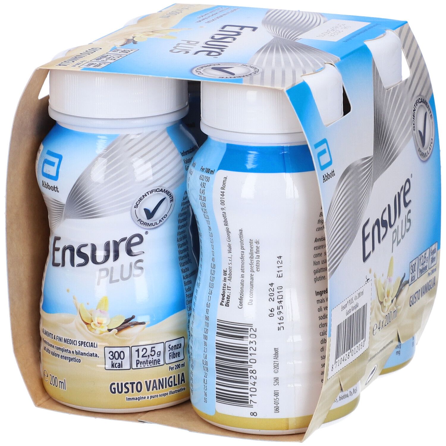 Confezione da 4 bottiglie Ensure PLUS Vaniglia. Imballaggio in cartone. 200 ml per bottiglia. Logo Abbott. Gusto vaniglia.