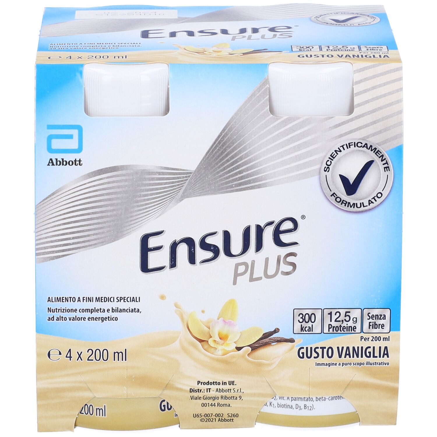 Confezione da 4 bottiglie Ensure PLUS Vaniglia. Imballaggio in cartone. 200 ml per bottiglia. Logo Abbott. Gusto vaniglia.