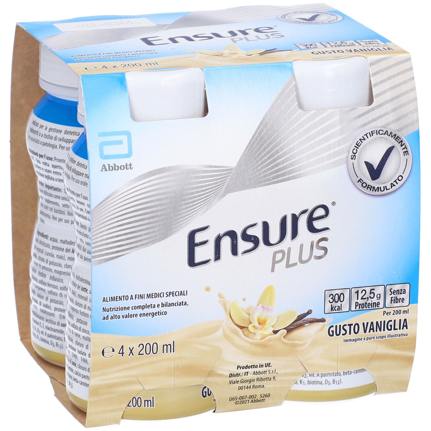 Confezione da 4 bottiglie Ensure PLUS Vaniglia. Imballaggio in cartone. 200 ml per bottiglia. Logo Abbott. Gusto vaniglia.