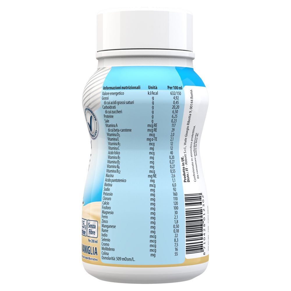 Retro della bottiglia Ensure PLUS Vaniglia. Informazioni nutrizionali. Ingredienti. Testo in italiano. Logo Abbott.