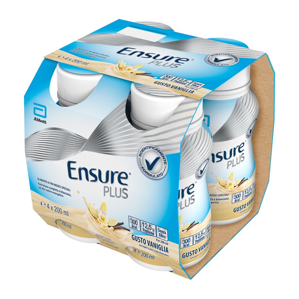 Confezione da 4 bottiglie Ensure PLUS Vaniglia. Imballaggio in cartone. 200 ml per bottiglia. Logo Abbott. Gusto vaniglia.