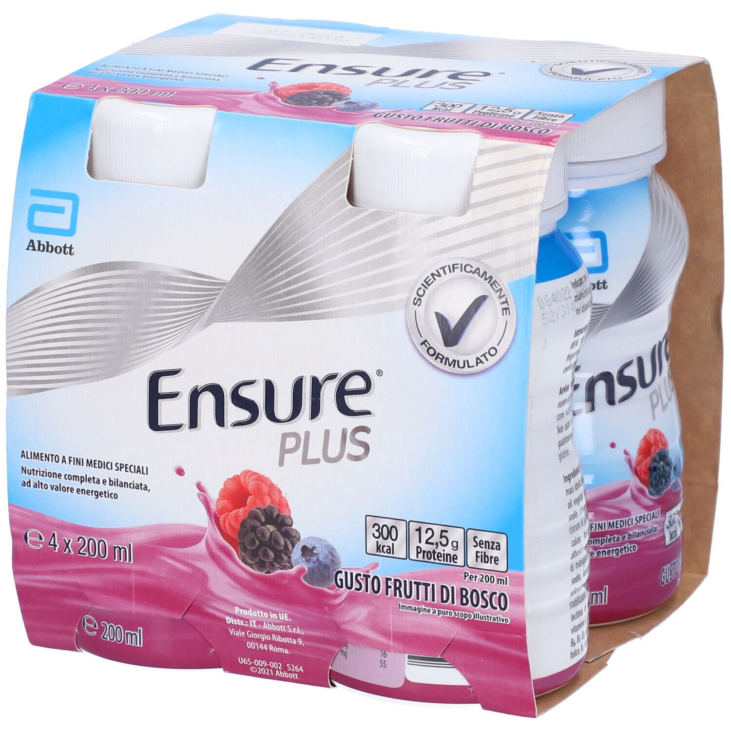 Confezione da 4 bottiglie Ensure PLUS Frutti di Bosco. Marchio Abbott. Scatola con design blu e rosa.