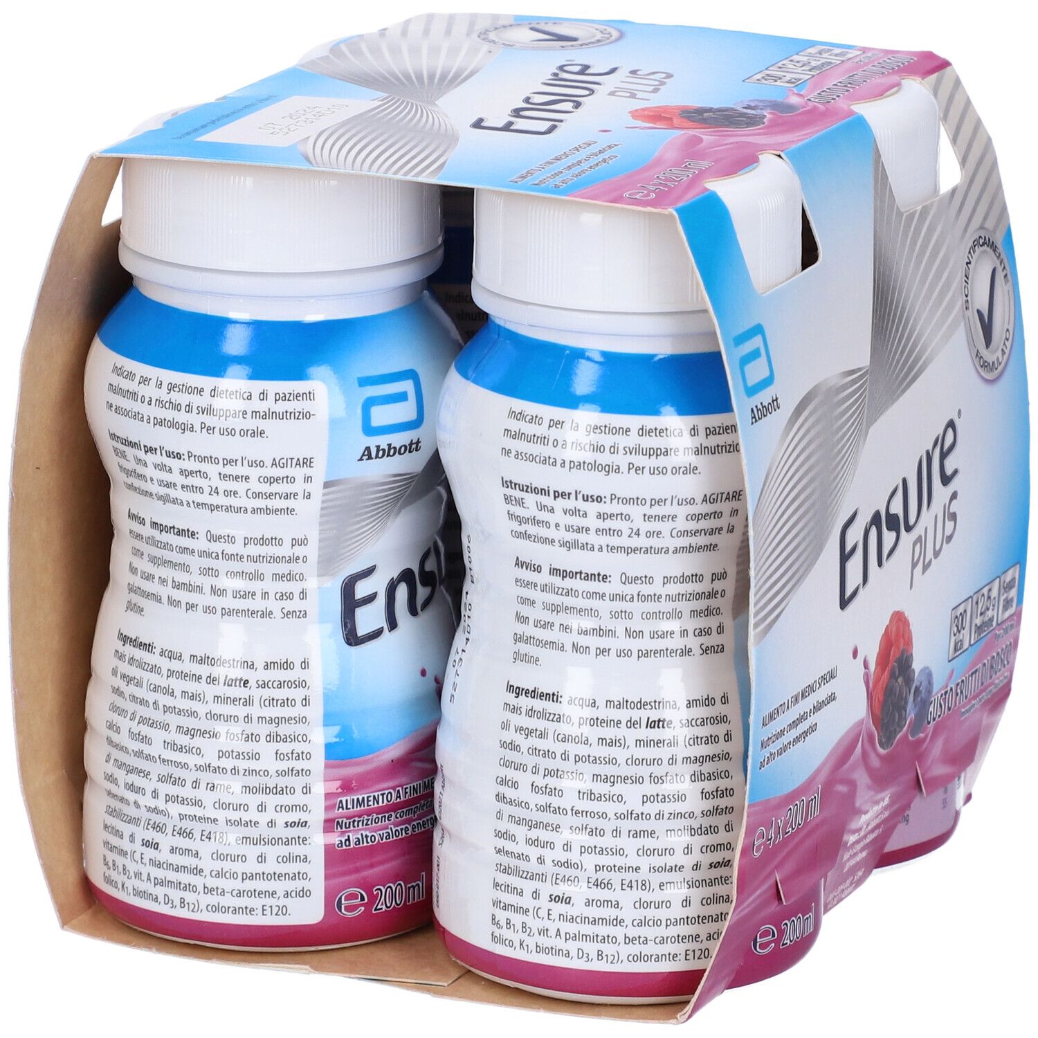 Confezione da 4 bottiglie Ensure PLUS Frutti di Bosco. Marchio Abbott. Scatola con design blu e rosa.