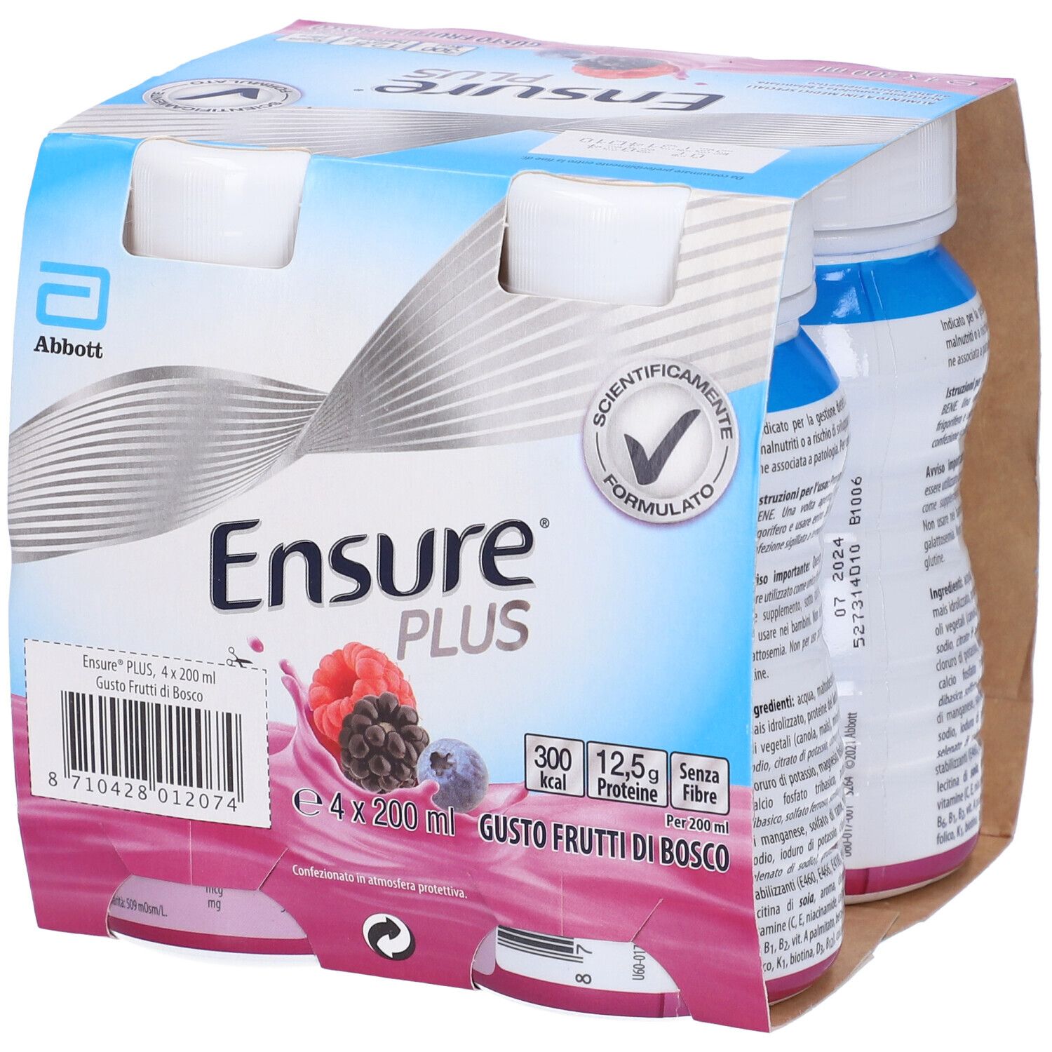Confezione da 4 bottiglie Ensure PLUS Frutti di Bosco. Marchio Abbott. Scatola con design blu e rosa.