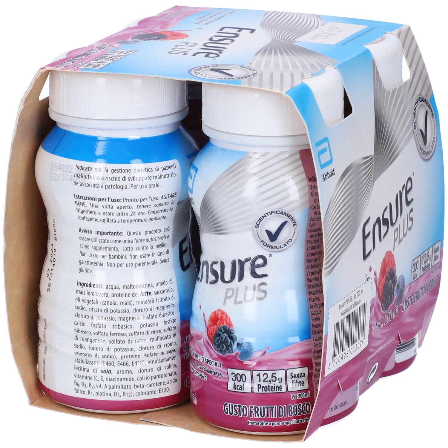 Confezione da 4 bottiglie Ensure PLUS Frutti di Bosco. Marchio Abbott. Scatola con design blu e rosa.