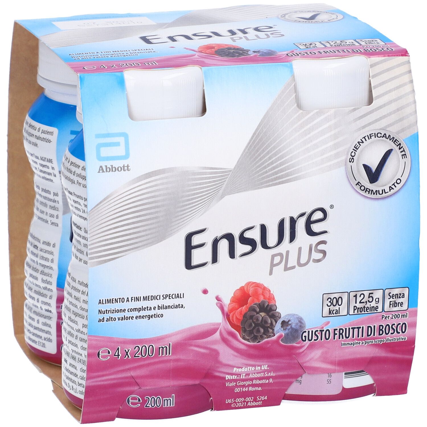 Confezione da 4 bottiglie Ensure PLUS Frutti di Bosco. Marchio Abbott. Scatola con design blu e rosa.