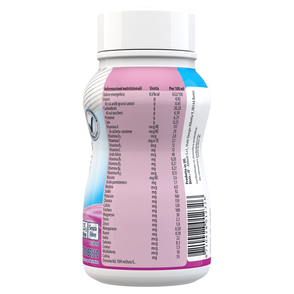 Retro della bottiglia Ensure PLUS. Contiene informazioni nutrizionali e lista ingredienti. Marchio Abbott.
