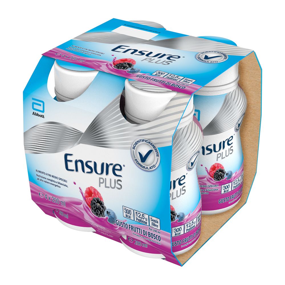 Confezione da 4 bottiglie Ensure PLUS Frutti di Bosco. Marchio Abbott. Scatola con design blu e rosa.