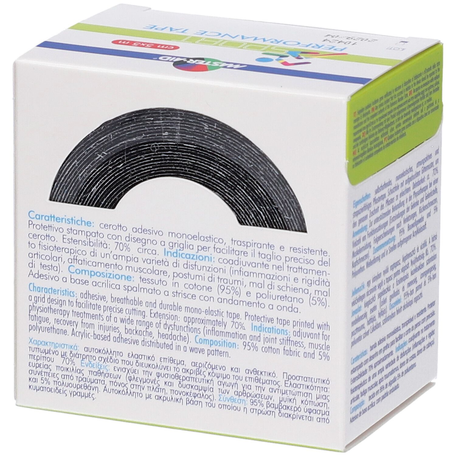 Master-Aid Sport Performance Tape Verpackung zeigt eine Rolle schwarzes Tape.