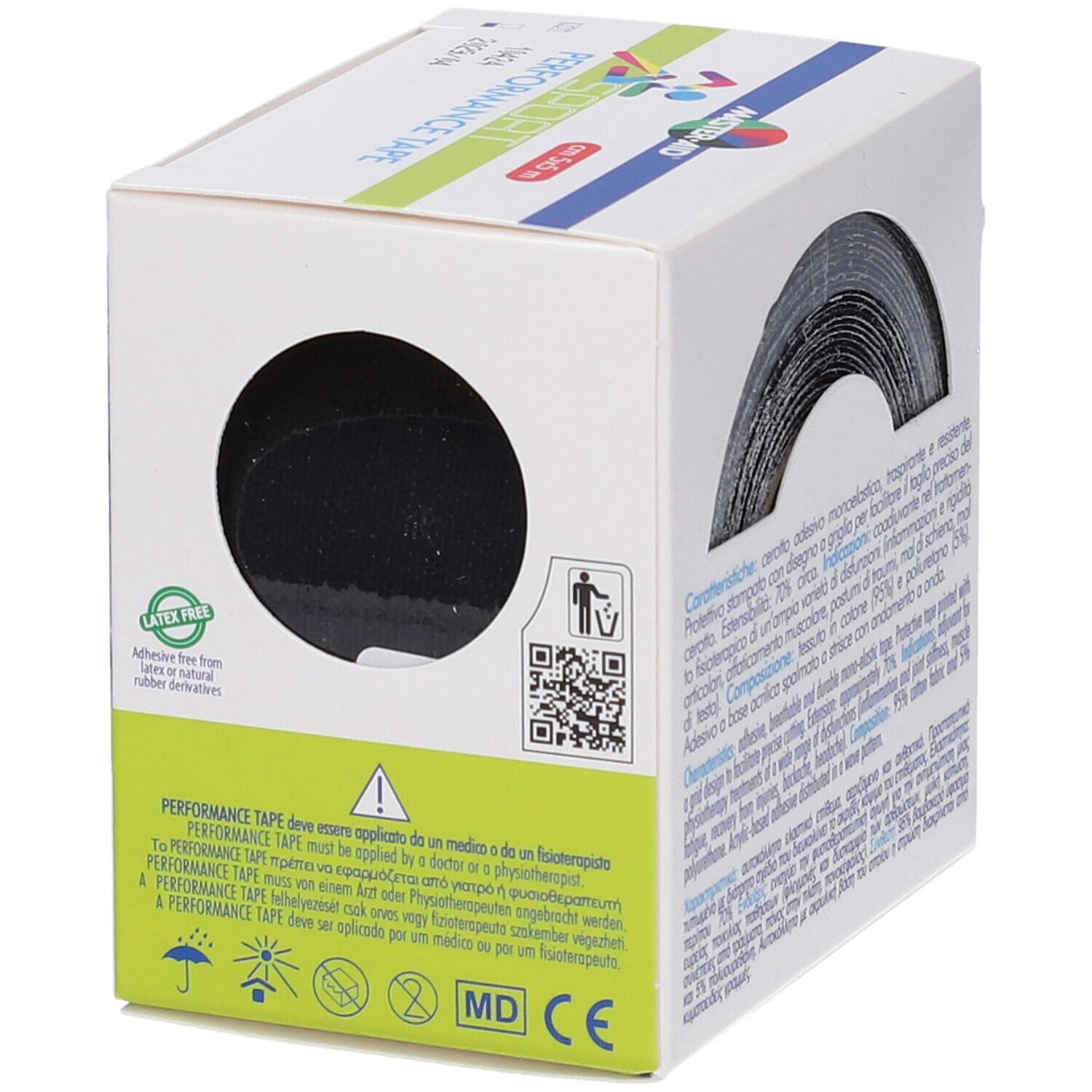 Master-Aid Sport Performance Tape Verpackung mit Hinweisen und Symbolen.