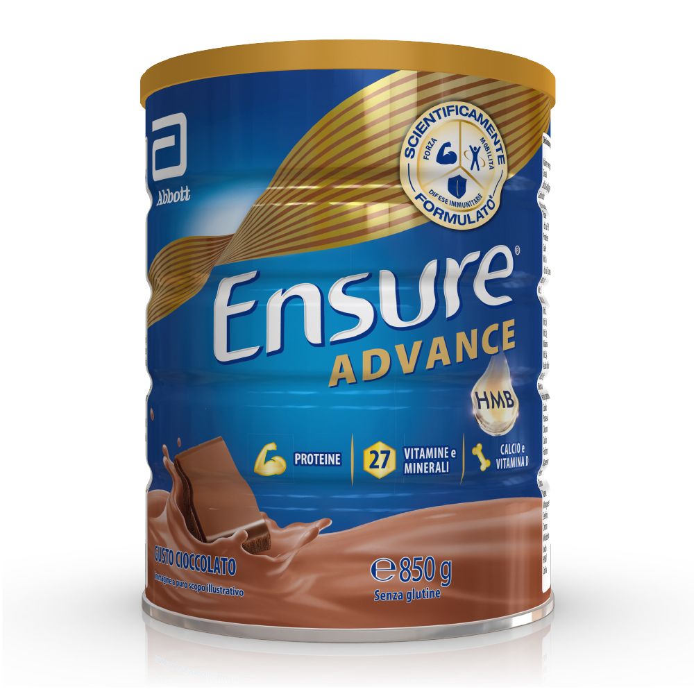 Barattolo Ensure Advance, gusto cioccolato. Contiene proteine, vitamine, minerali e calcio. 850g.