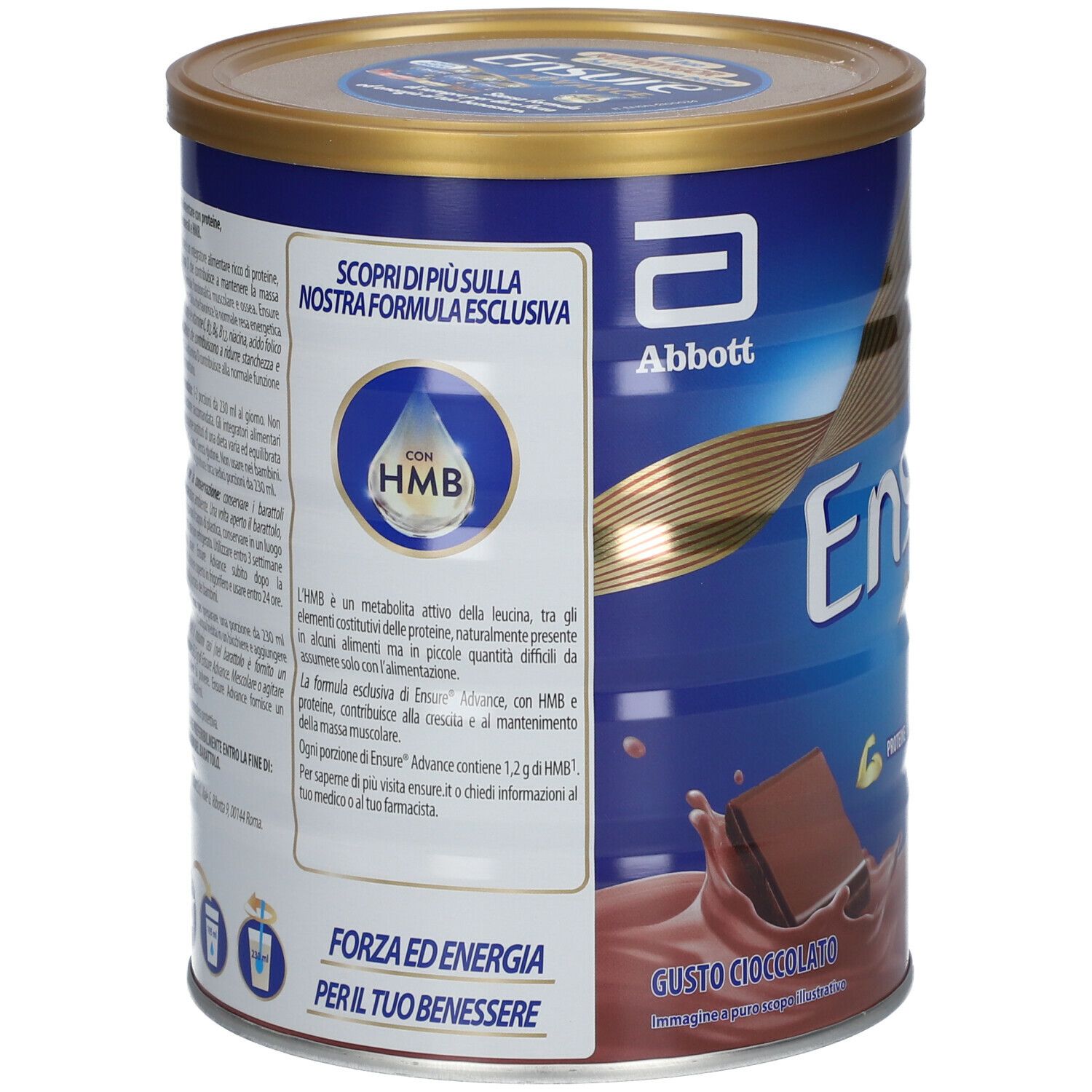 Retro del barattolo Ensure Advance. Contiene informazioni su HMB e ingredienti.