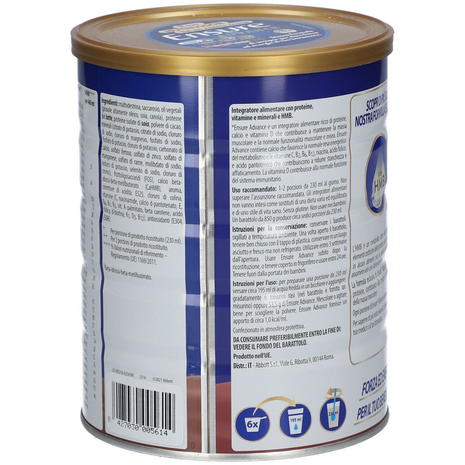 Retro del barattolo Ensure Advance. Contiene informazioni su ingredienti e valori nutrizionali.