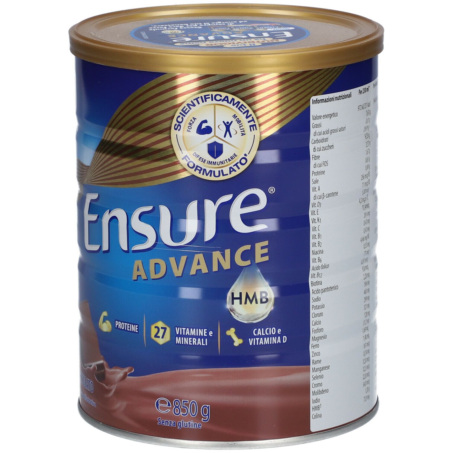Barattolo Ensure Advance, gusto cioccolato. Contiene proteine, vitamine, minerali e calcio. 850g.