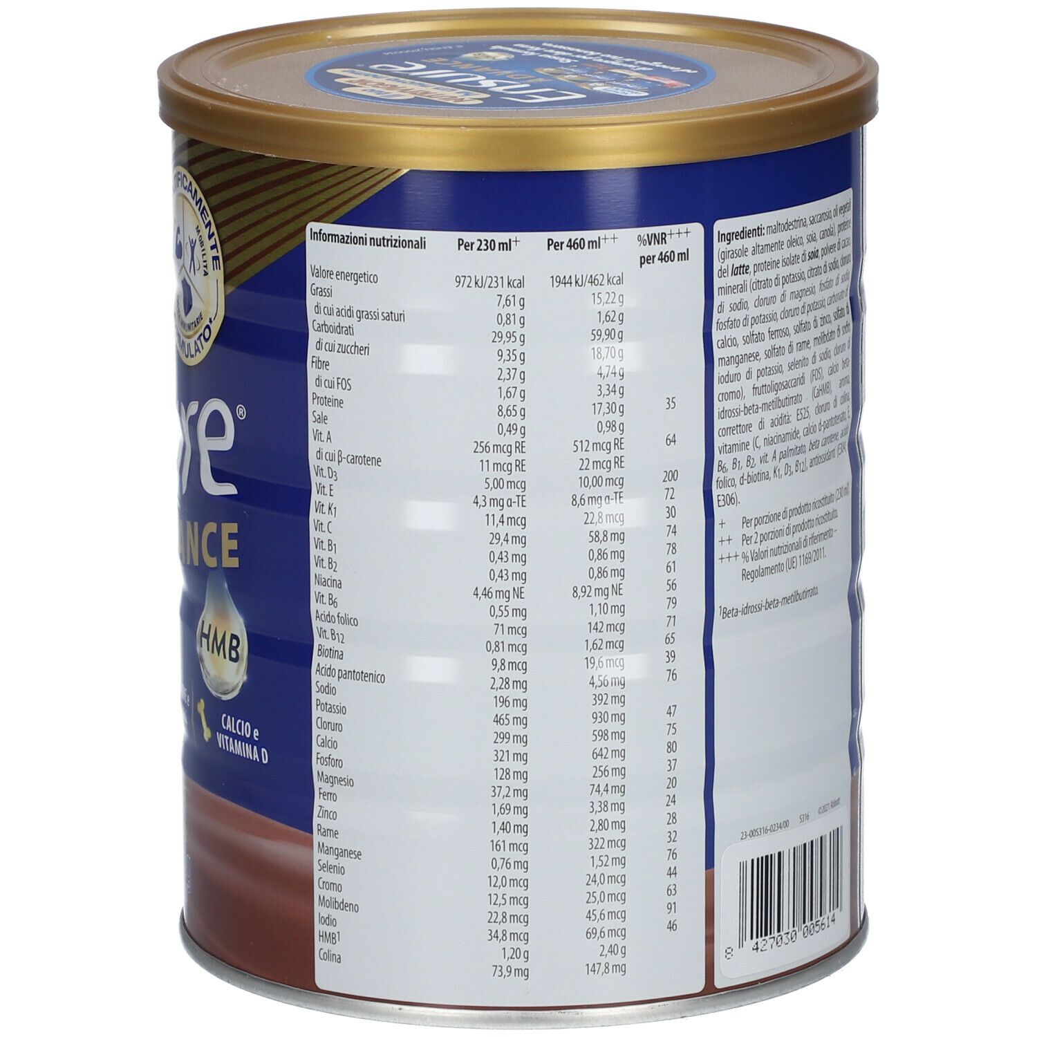 Retro del barattolo Ensure Advance. Contiene informazioni nutrizionali e ingredienti.