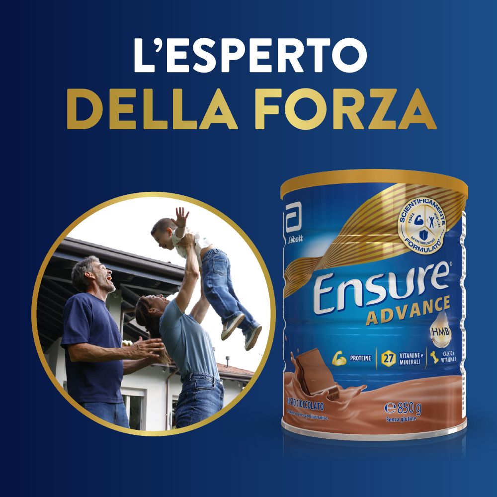 Barattolo Ensure Advance con padre e figlio. Contiene proteine, vitamine, minerali e calcio.
