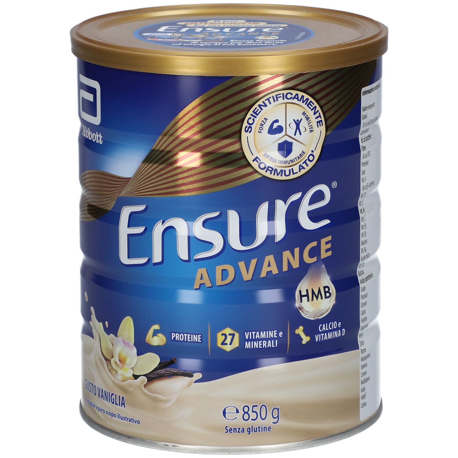 Zylinderdose Ensure Advance, Vanille, 850g. Enthält Proteine, Vitamine und Mineralien. Marke Abbott.