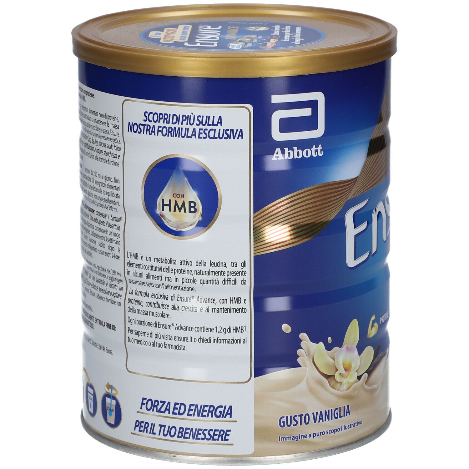 Zylinderdose Ensure Advance, Vanille, 850g. Rückseite mit Text und Inhaltsstoffen. Marke Abbott.