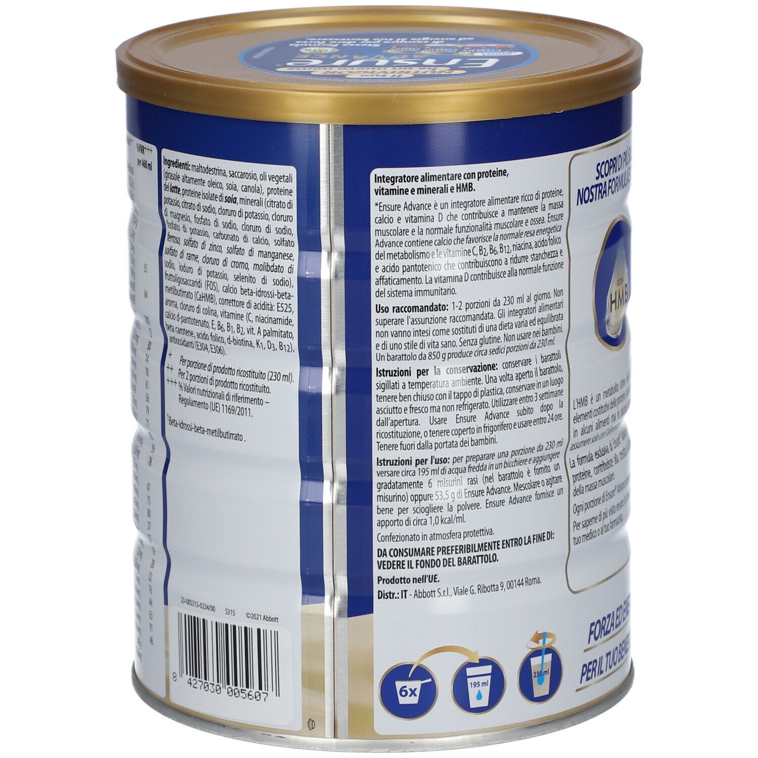 Zylinderdose Ensure Advance, Vanille, 850g. Rückseite mit Text und Inhaltsstoffen. Marke Abbott.