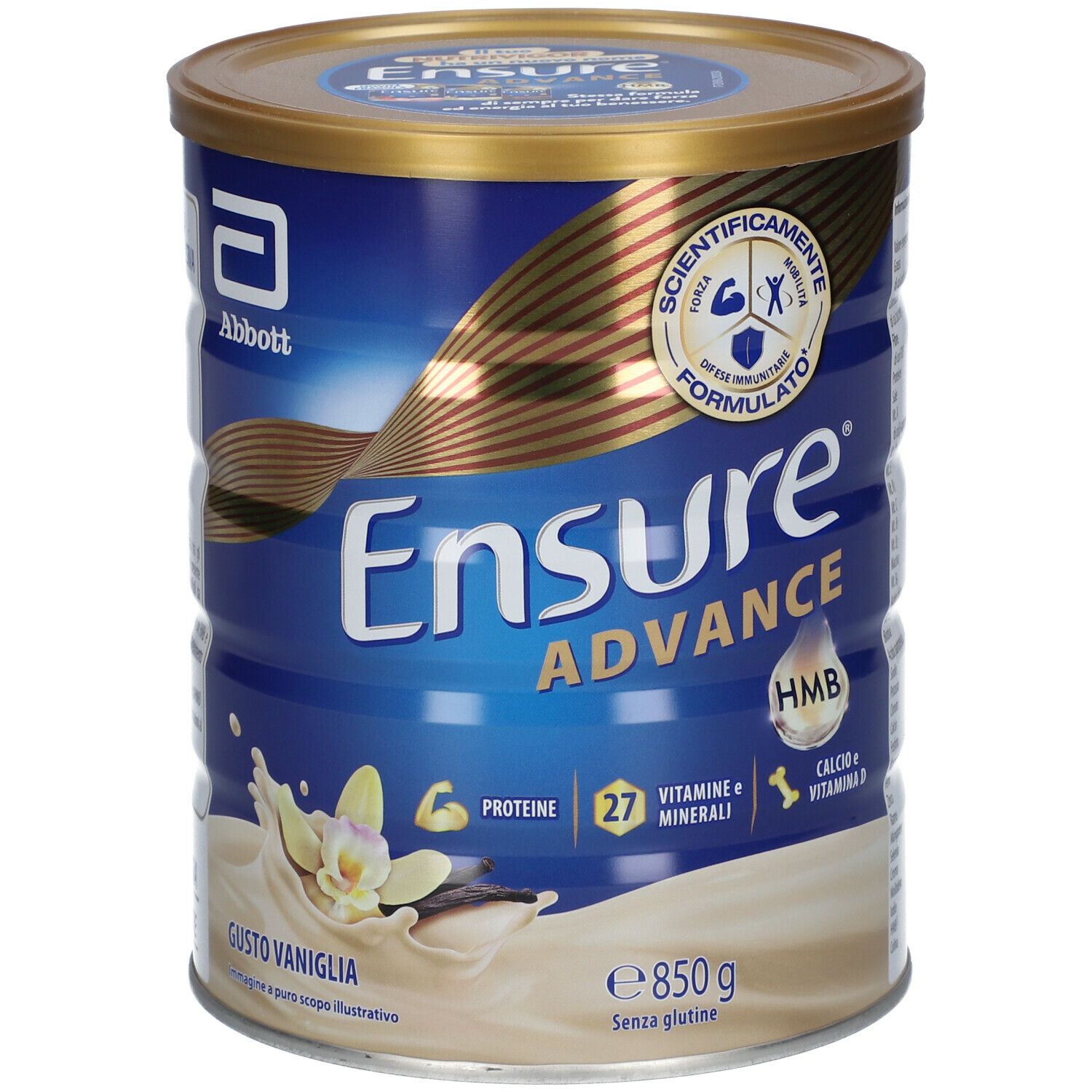 Zylinderdose Ensure Advance, Vanille, 850g. Enthält Proteine, Vitamine und Mineralien. Marke Abbott.
