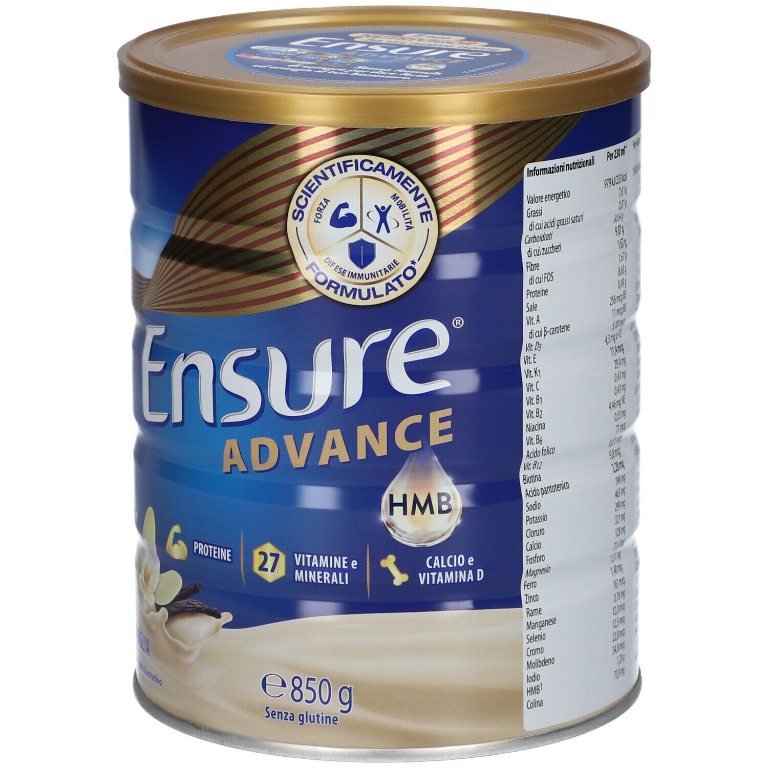 Zylinderdose Ensure Advance, Vanille, 850g. Enthält Proteine, Vitamine und Mineralien. Marke Abbott.