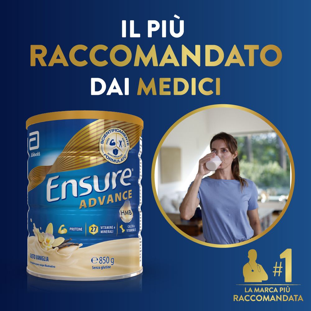Zylinderdose Ensure Advance, Vanille, 850g. Frau trinkt aus einem Becher. Text: Il più raccomandato dai medici.