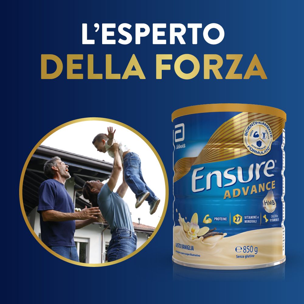 Zylinderdose Ensure Advance, Vanille, 850g. Mann wirft Kind hoch. Text: L'esperto della forza.