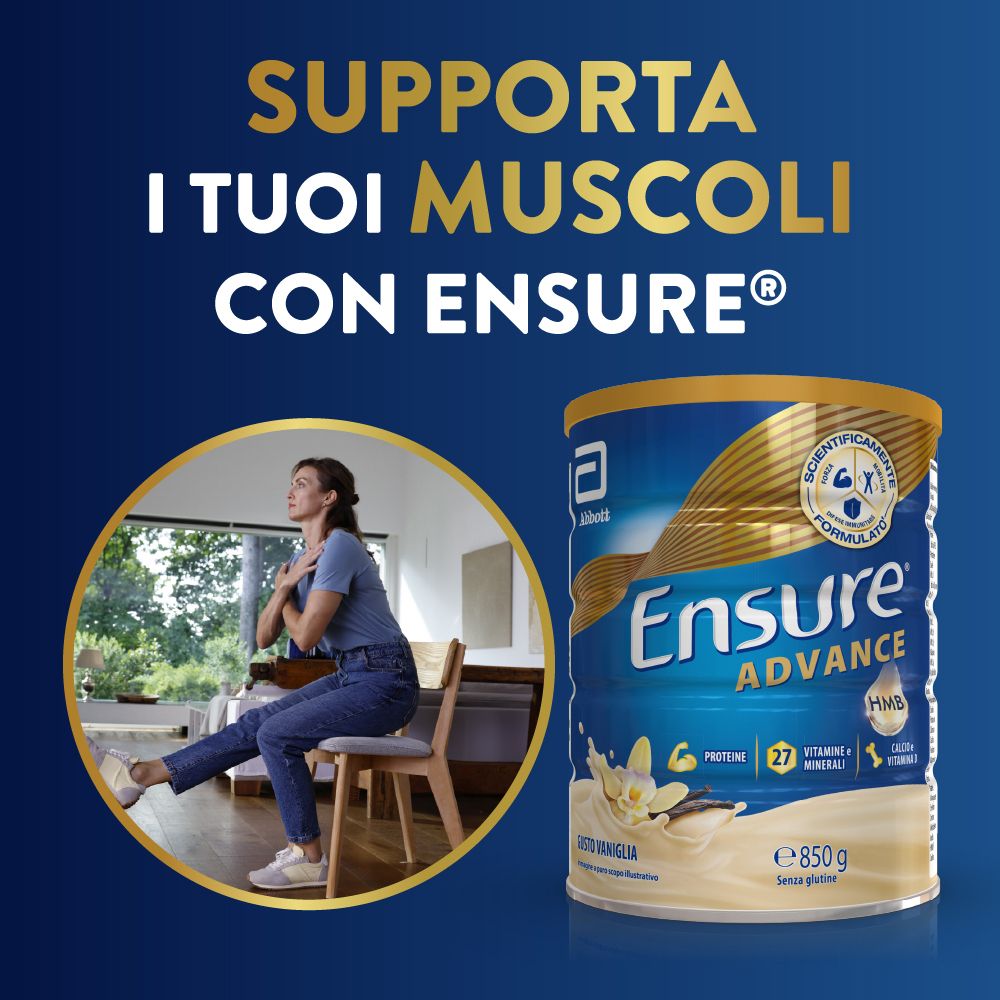 Zylinderdose Ensure Advance, Vanille, 850g. Frau trainiert. Text: Supporta i tuoi muscoli con Ensure.