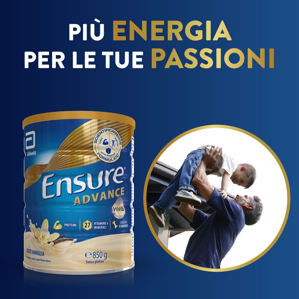Zylinderdose Ensure Advance, Vanille, 850g. Mann und Kind spielen. Text: Più energia per le tue passioni.