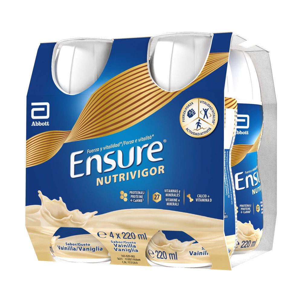 Confezione da quattro bottiglie Ensure Nutrivigor Vaniglia. Confezione blu con logo e informazioni sul prodotto. Logo Abbott in alto a sinistra.