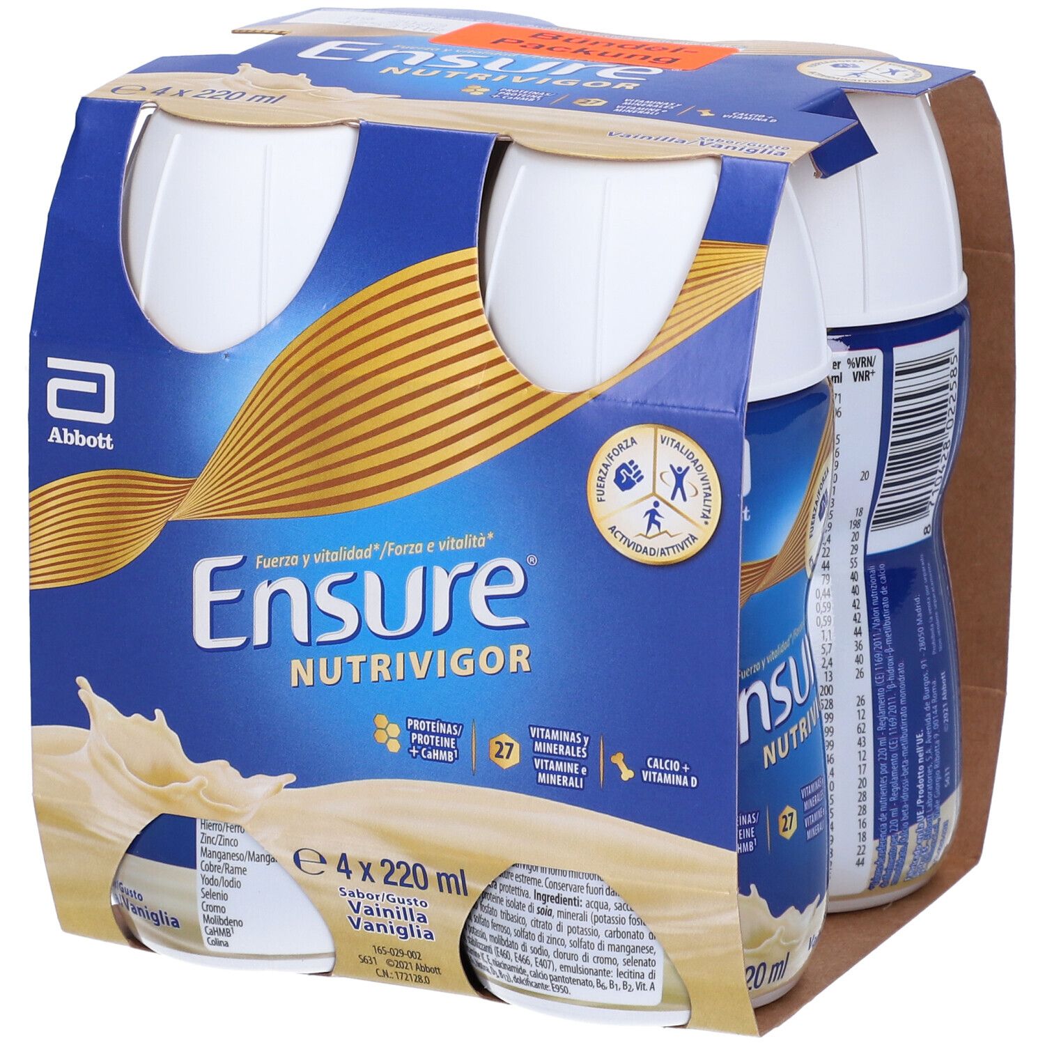 Confezione da quattro bottiglie Ensure Nutrivigor Vaniglia. Confezione blu con logo e informazioni sul prodotto. Logo Abbott in alto a sinistra.
