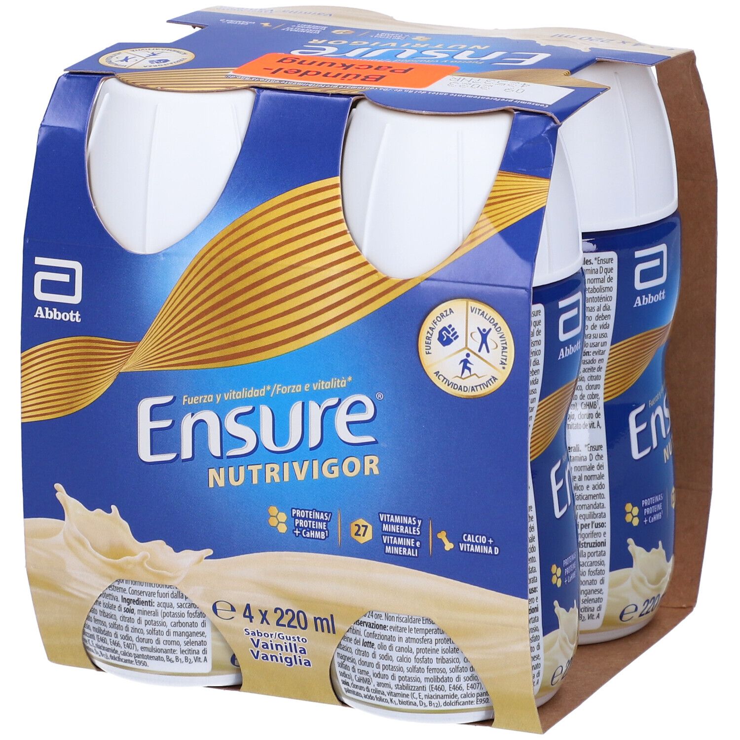 Confezione da quattro bottiglie Ensure Nutrivigor Vaniglia. Confezione blu con logo e informazioni sul prodotto. Logo Abbott in alto a sinistra.