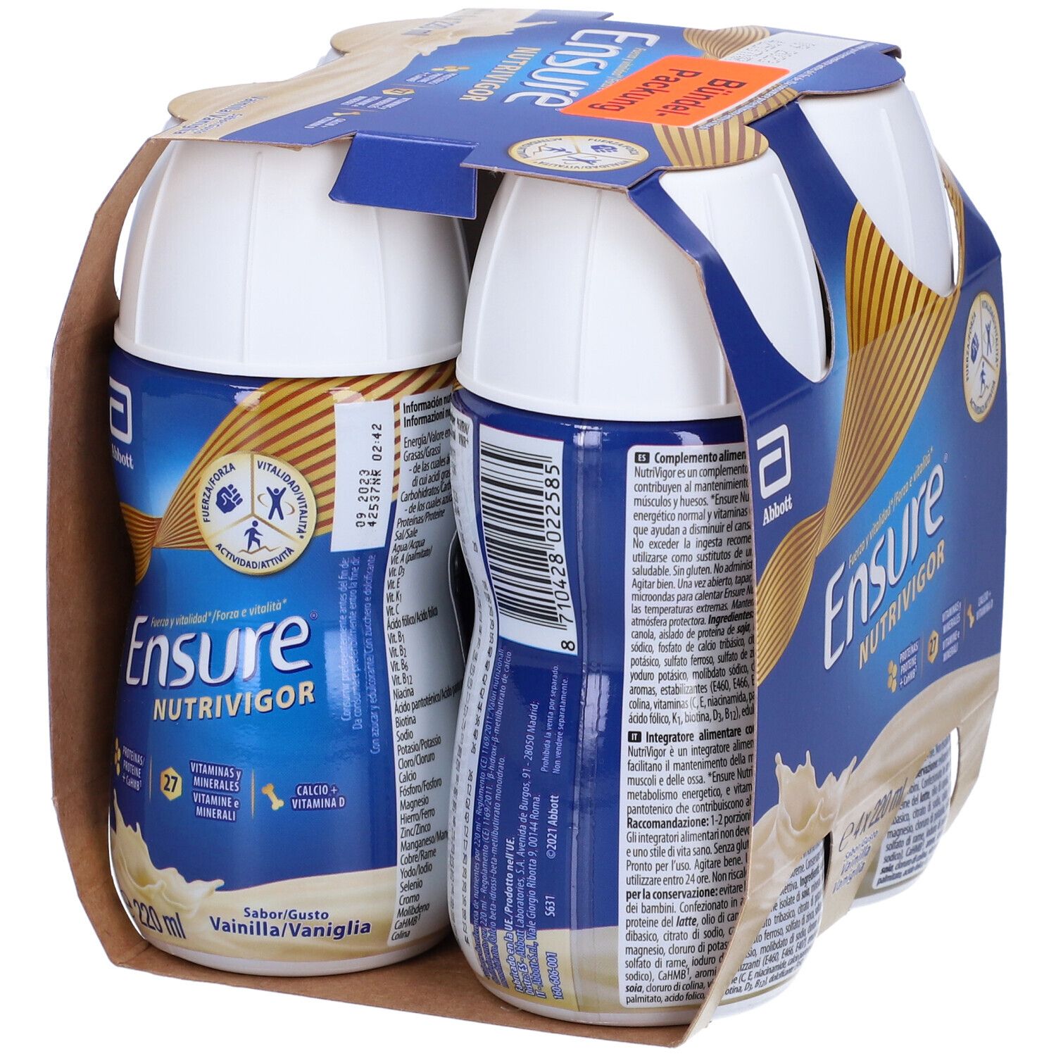 Confezione da due bottiglie Ensure Nutrivigor Vaniglia. Confezione blu con logo e informazioni sul prodotto. Logo Abbott in alto a sinistra.