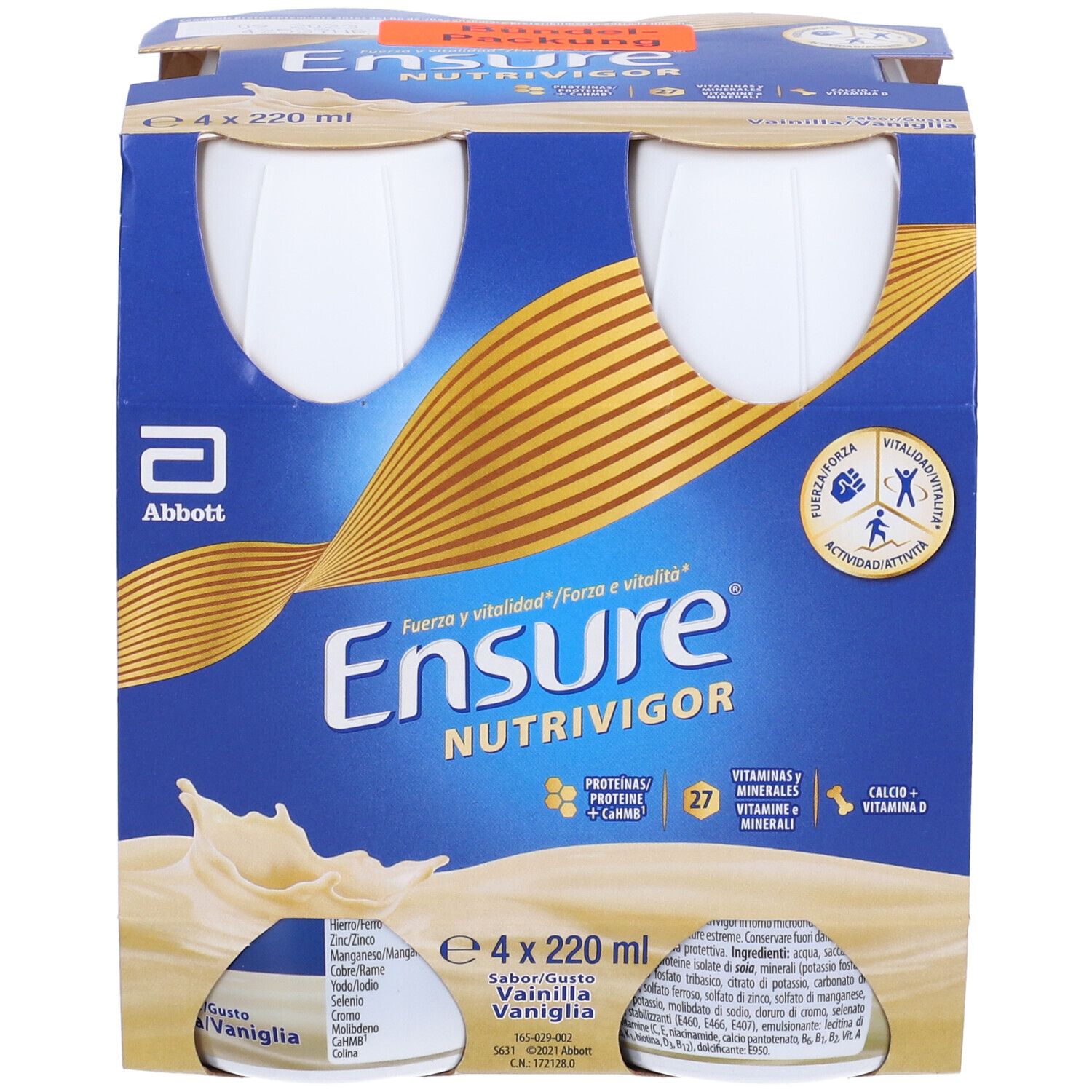 Confezione da quattro bottiglie Ensure Nutrivigor Vaniglia. Confezione blu con logo e informazioni sul prodotto. Logo Abbott in alto a sinistra.