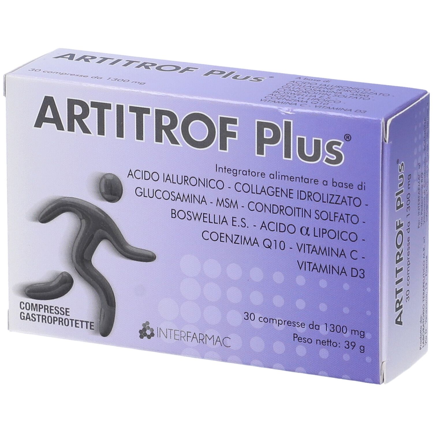 Scatola "Artitrof Plus" con 30 compresse. Ingredienti elencati. Logo figura stilizzata.