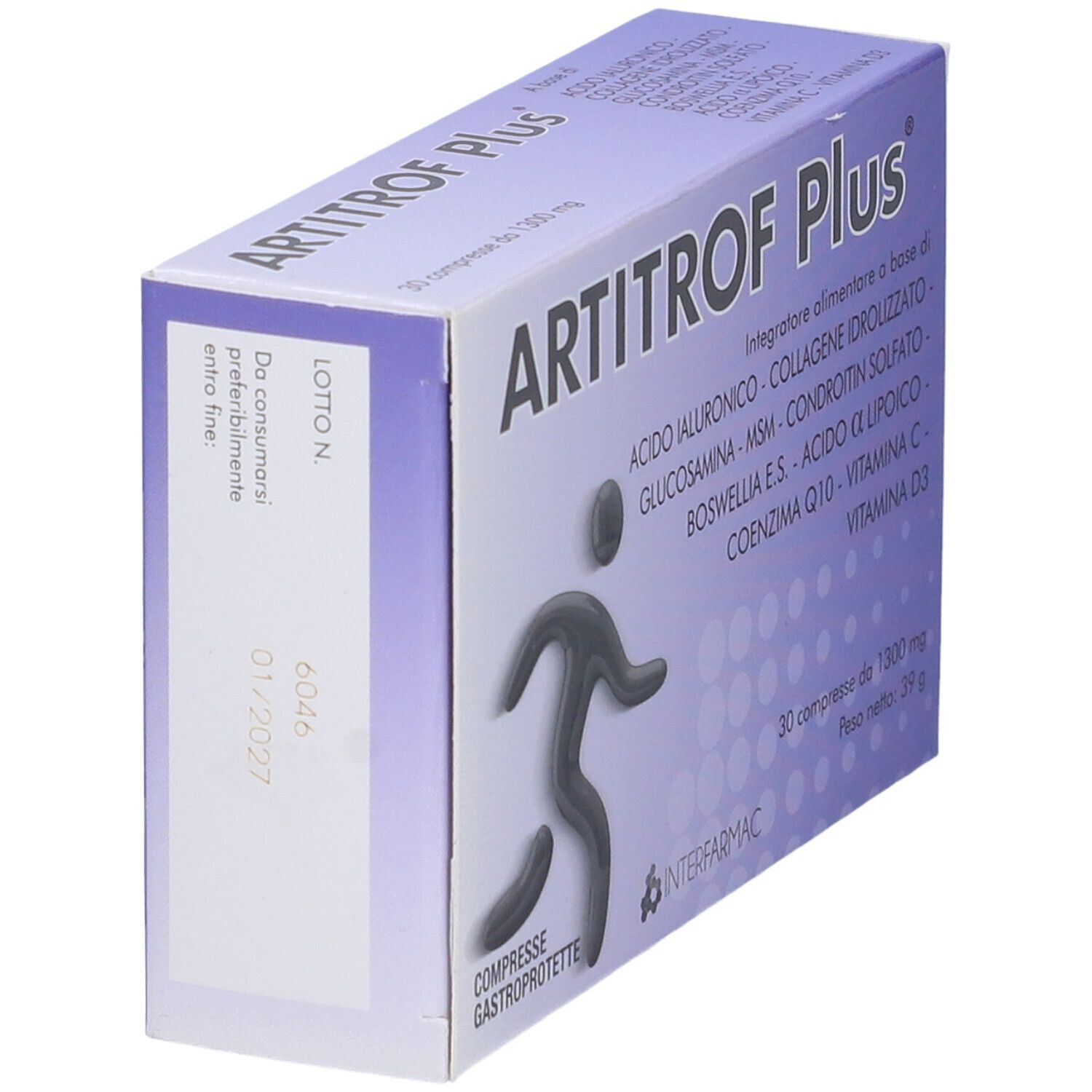 Scatola "Artitrof Plus", vista laterale. 30 compresse. Scadenza e numero lotto.